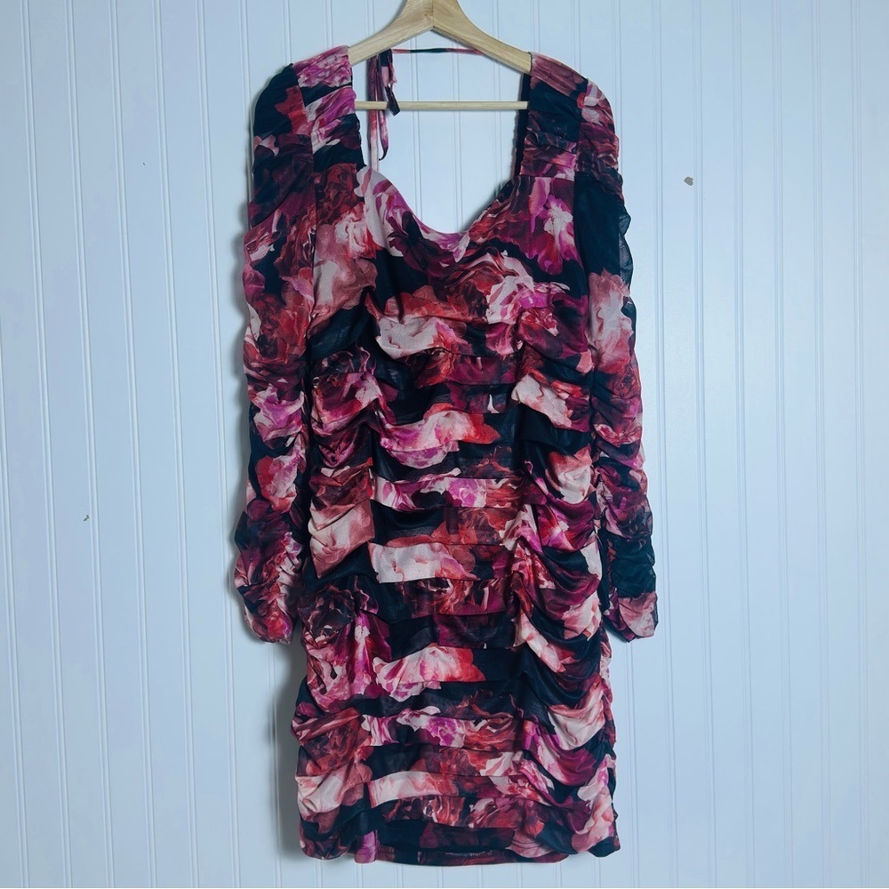 Ruched Floral Long-Sleeve Mini Dress in Pink and Black Cache XL - Picture 2 of 10